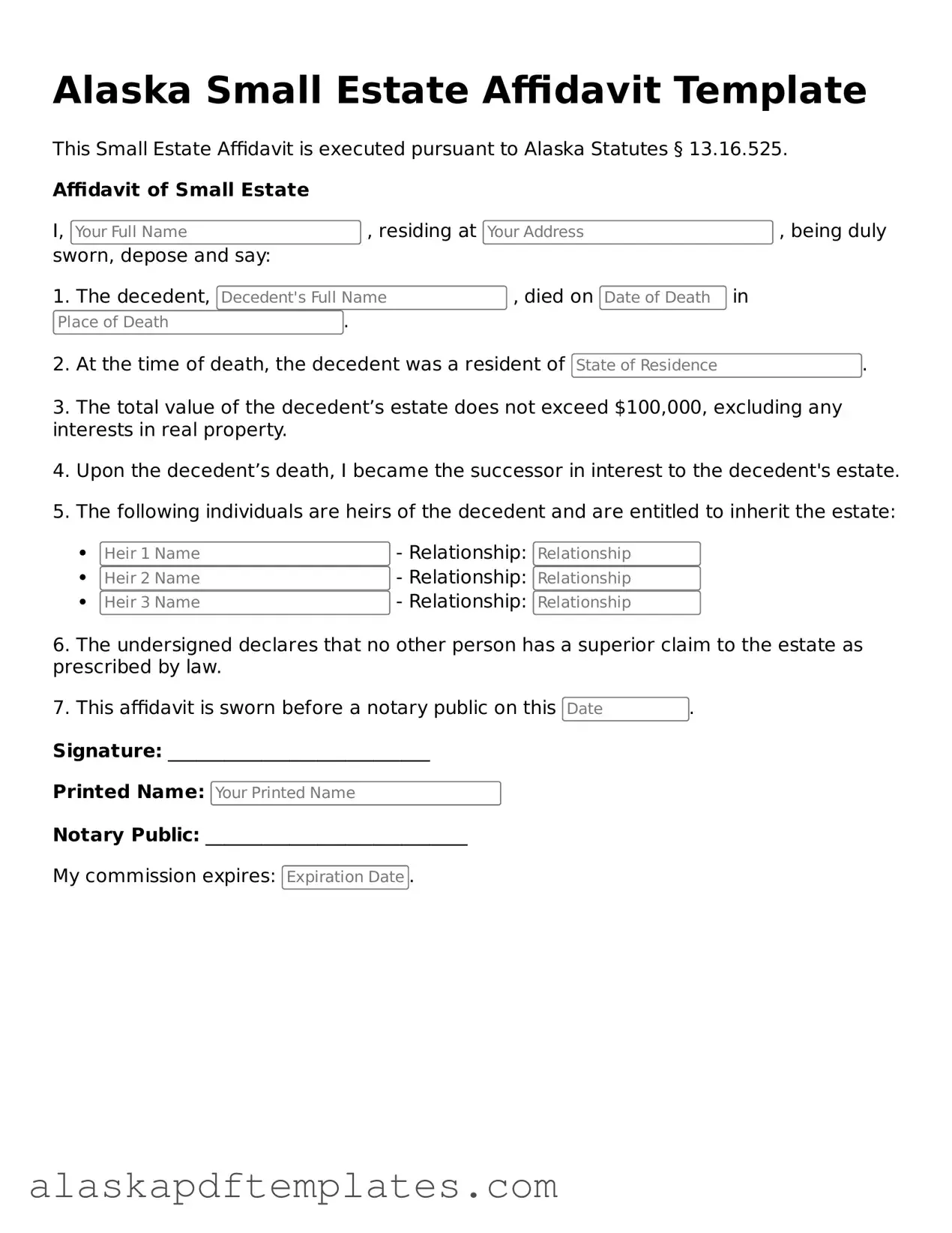 Printable Small Estate Affidavit Template for Alaska State