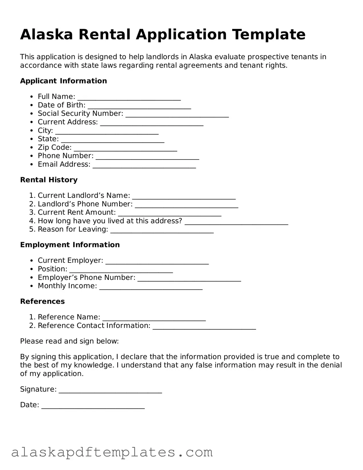 Printable Rental Application Template for Alaska State