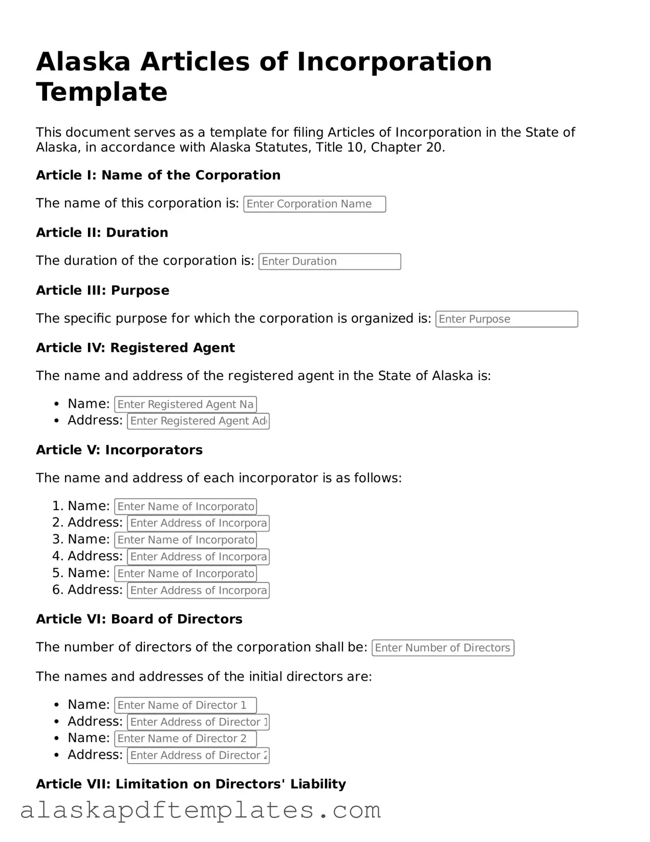 Printable Articles of Incorporation Template for Alaska State