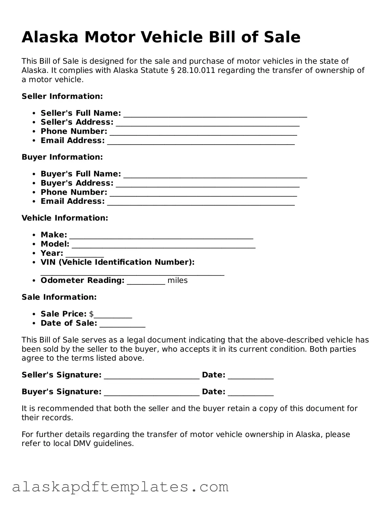 Printable Motor Vehicle Bill of Sale Template for Alaska State