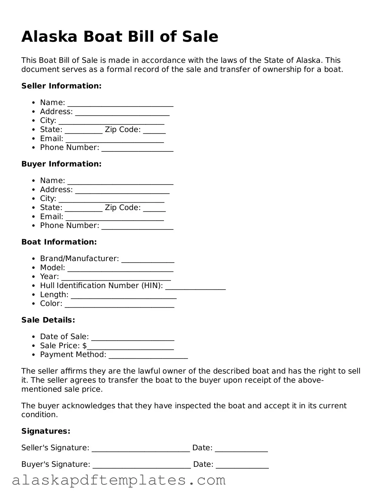 Printable Boat Bill of Sale Template for Alaska State