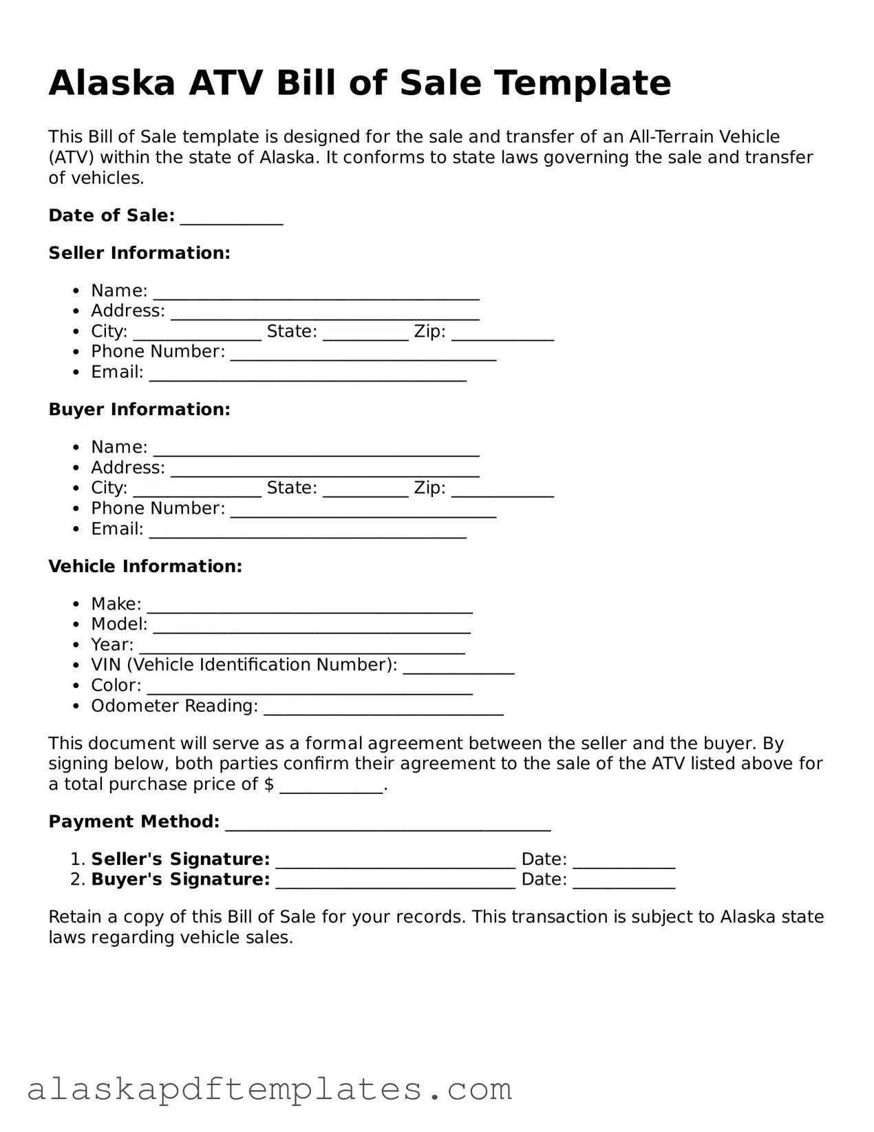 Printable ATV Bill of Sale Template for Alaska State