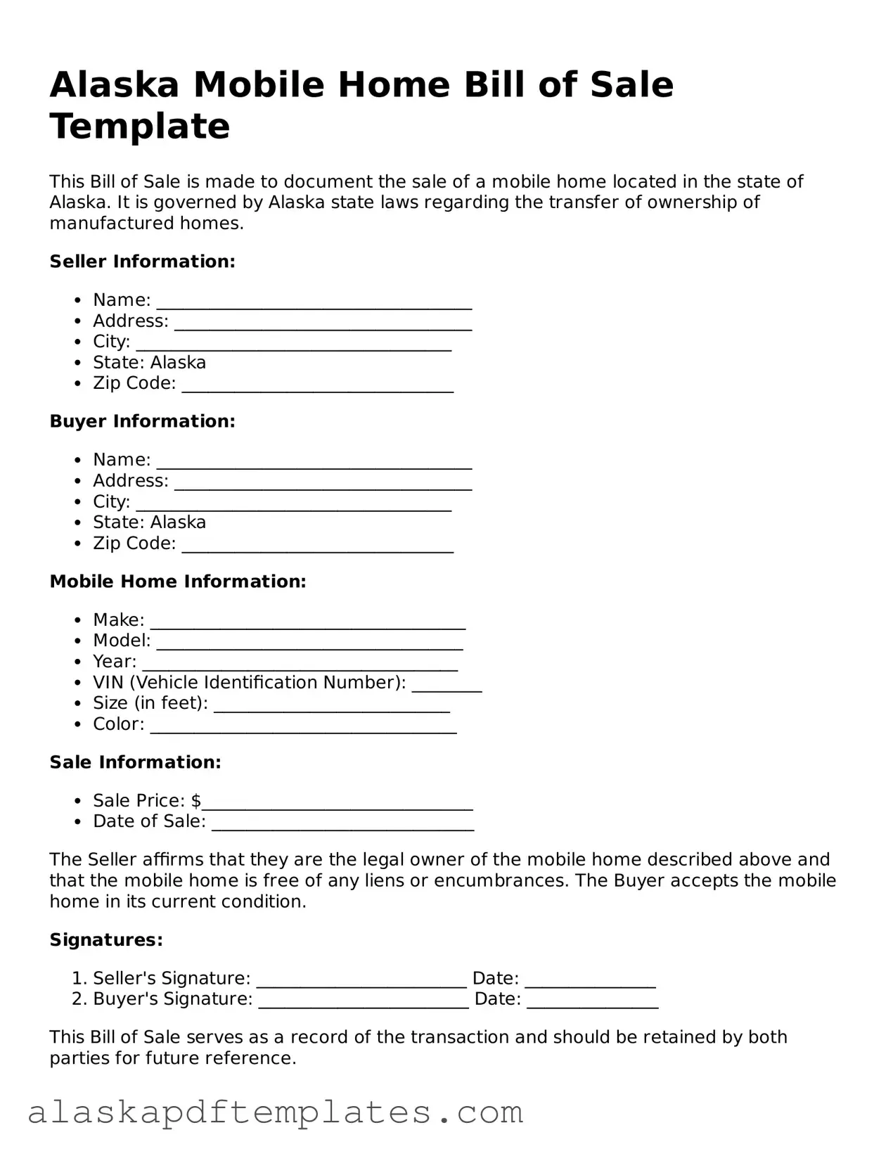 Printable Mobile Home Bill of Sale Template for Alaska State