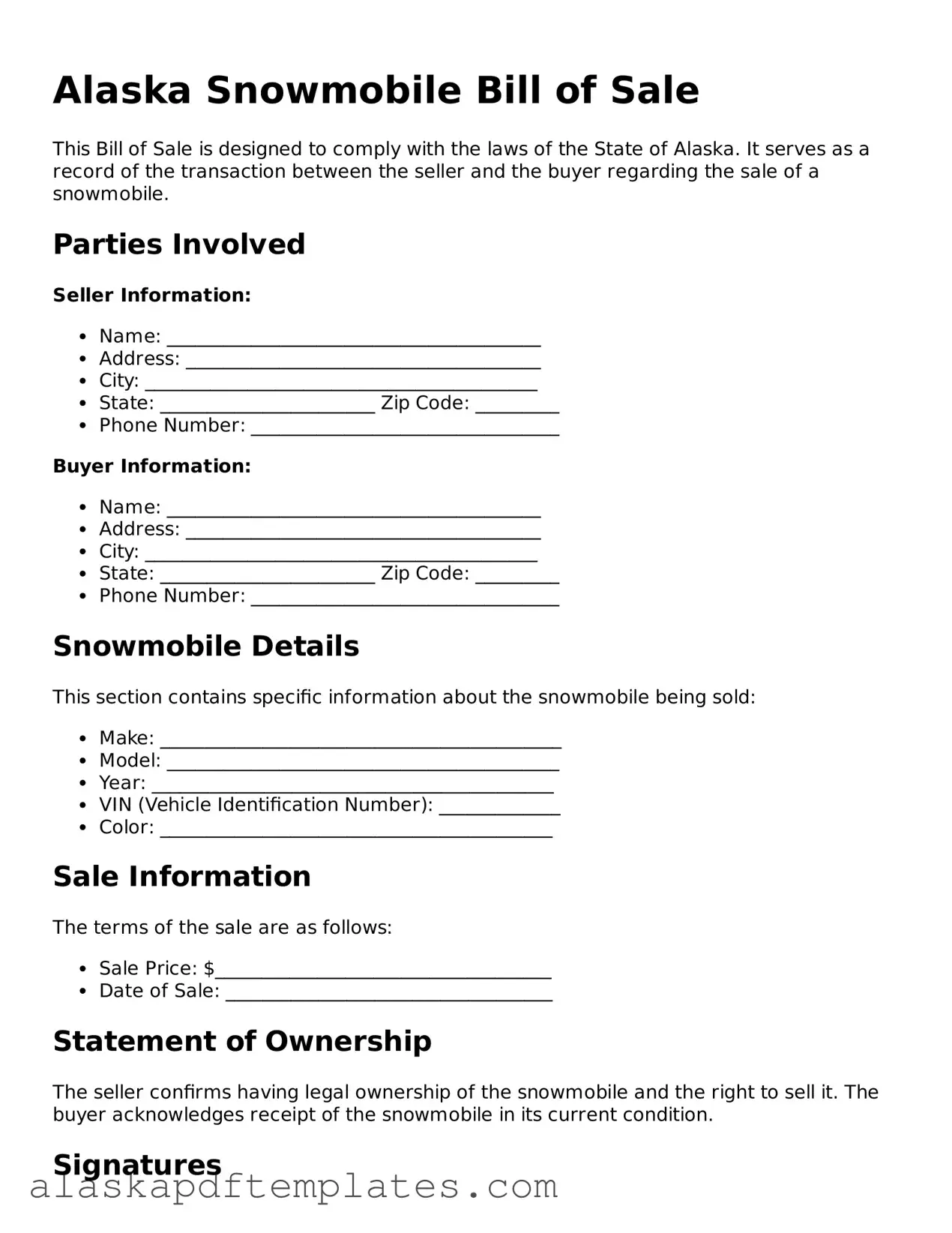 Printable Snowmobile Bill of Sale Template for Alaska State