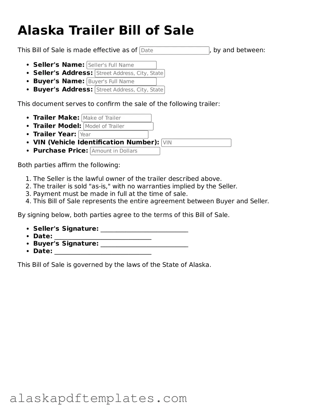 Printable Trailer Bill of Sale Template for Alaska State