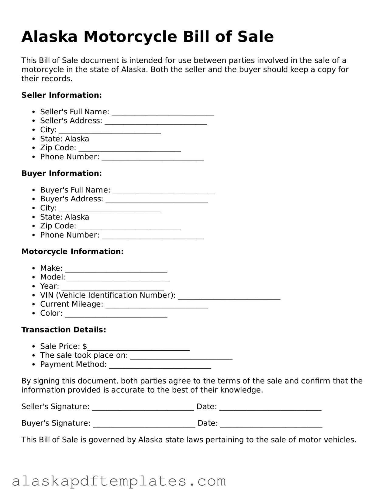 Printable Motorcycle Bill of Sale Template for Alaska State