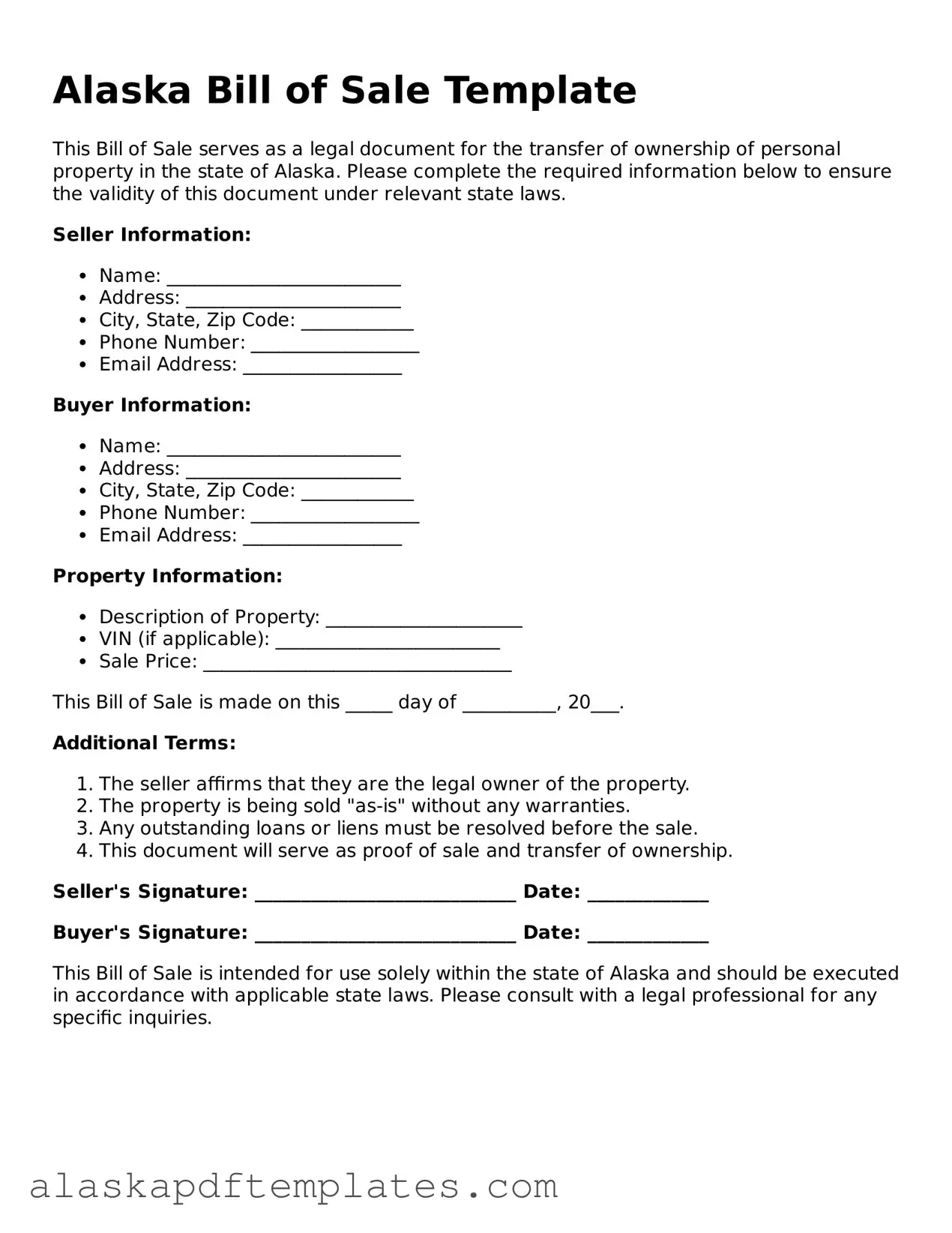 Printable Bill of Sale Template for Alaska State