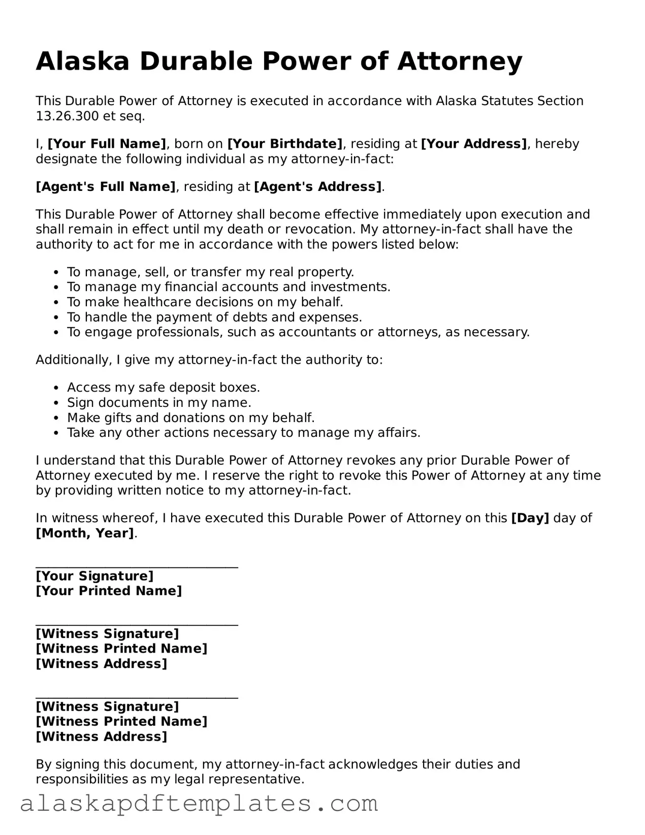 Printable Durable Power of Attorney Template for Alaska State
