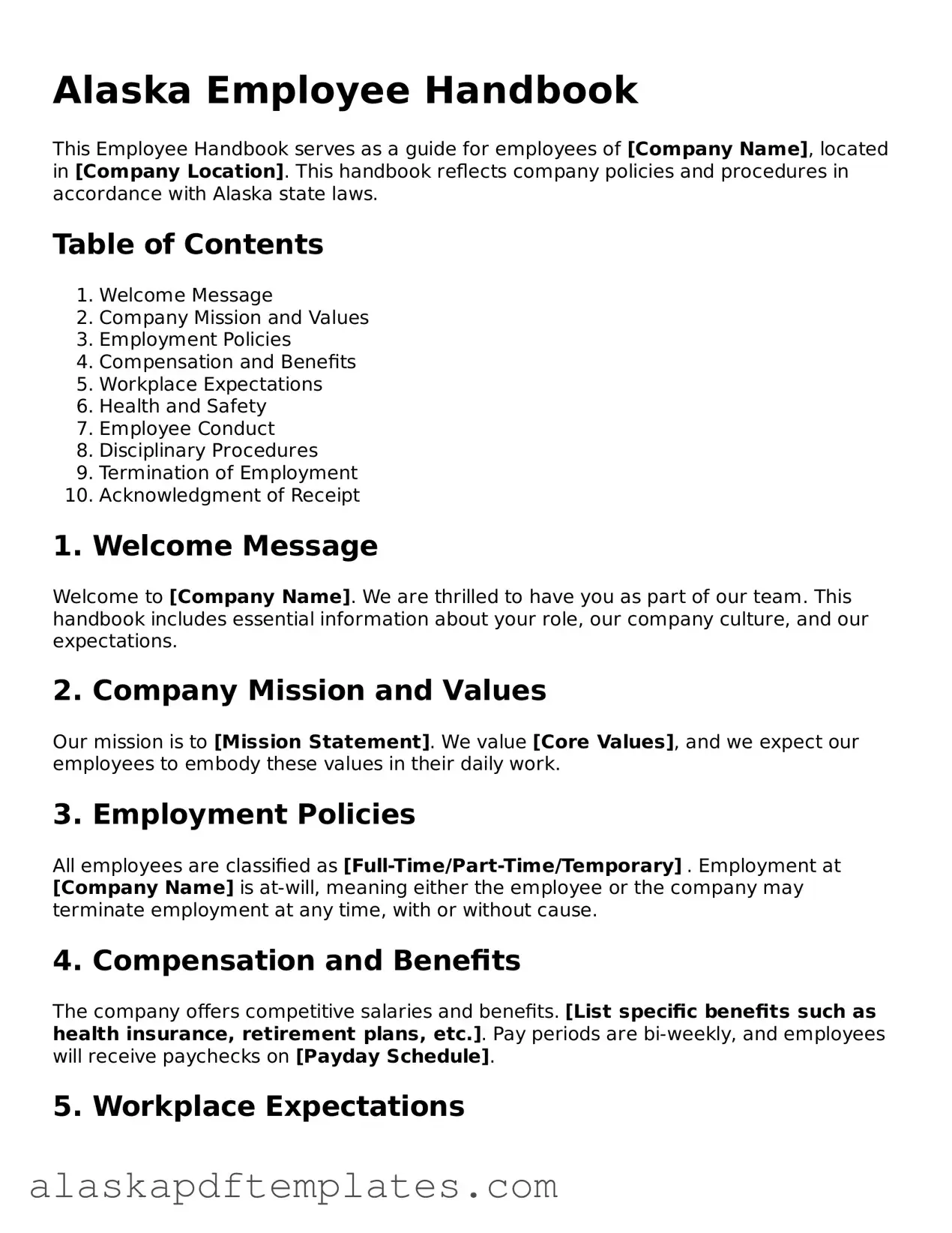 Printable Employee Handbook Template for Alaska State