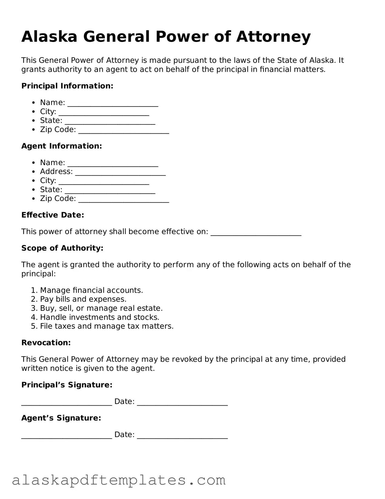 Printable General Power of Attorney Template for Alaska State