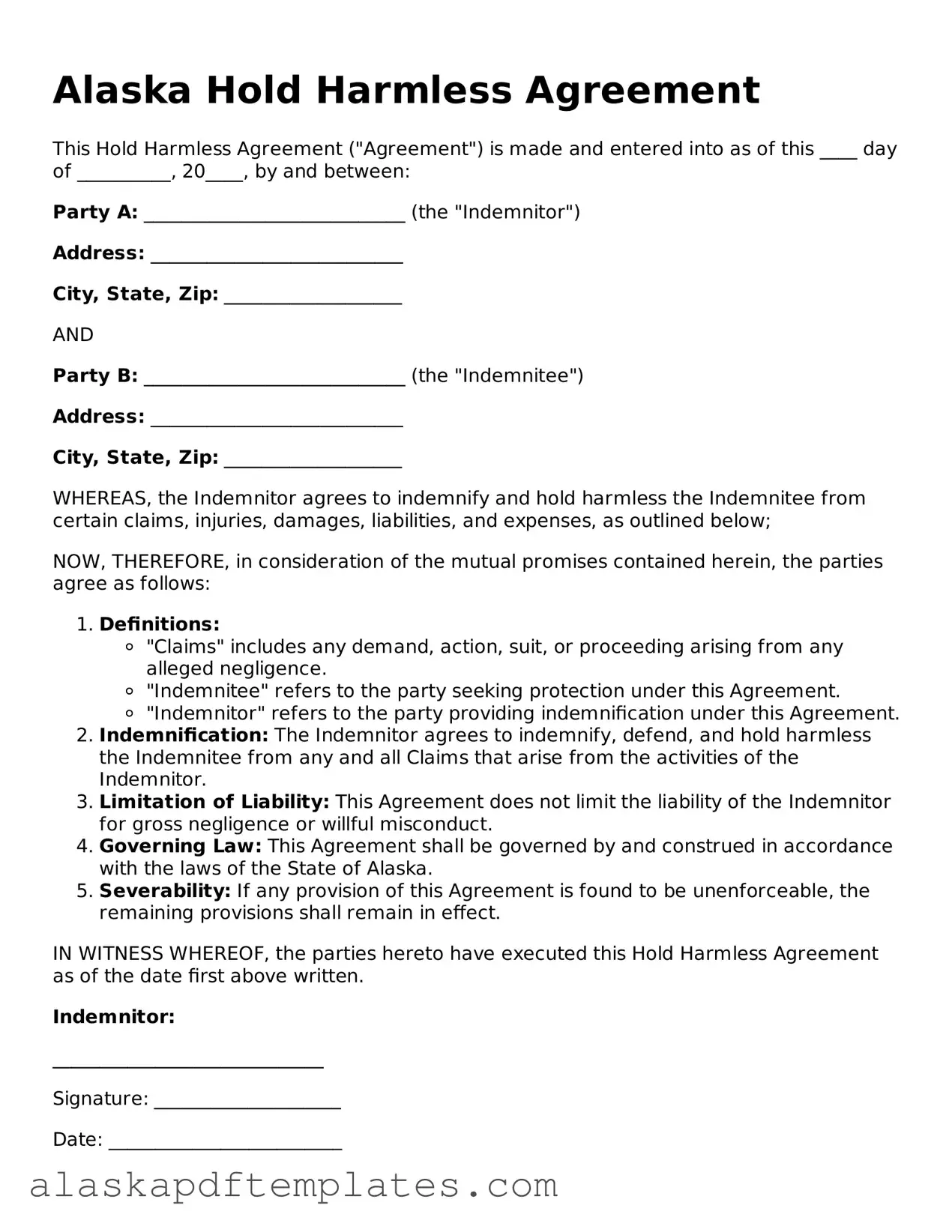 Printable Hold Harmless Agreement Template for Alaska State