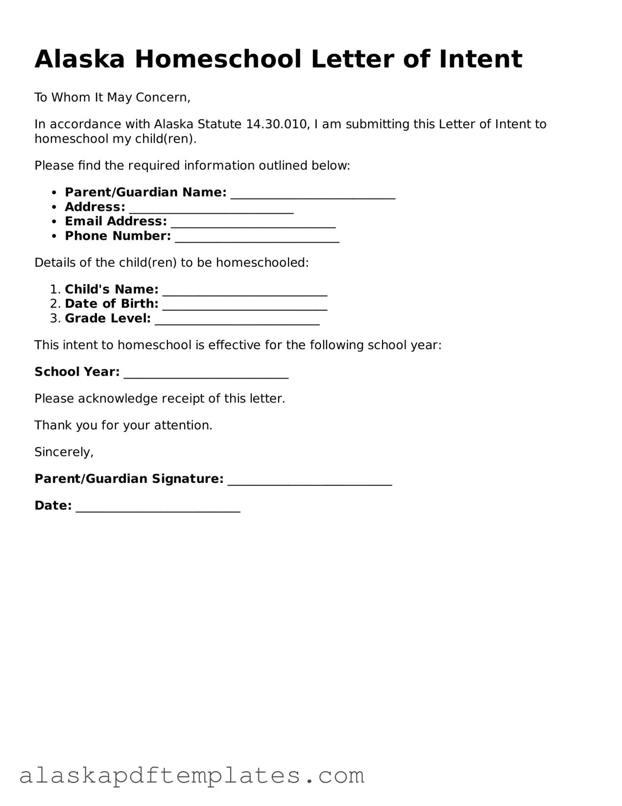 Printable Homeschool Letter of Intent Template for Alaska State
