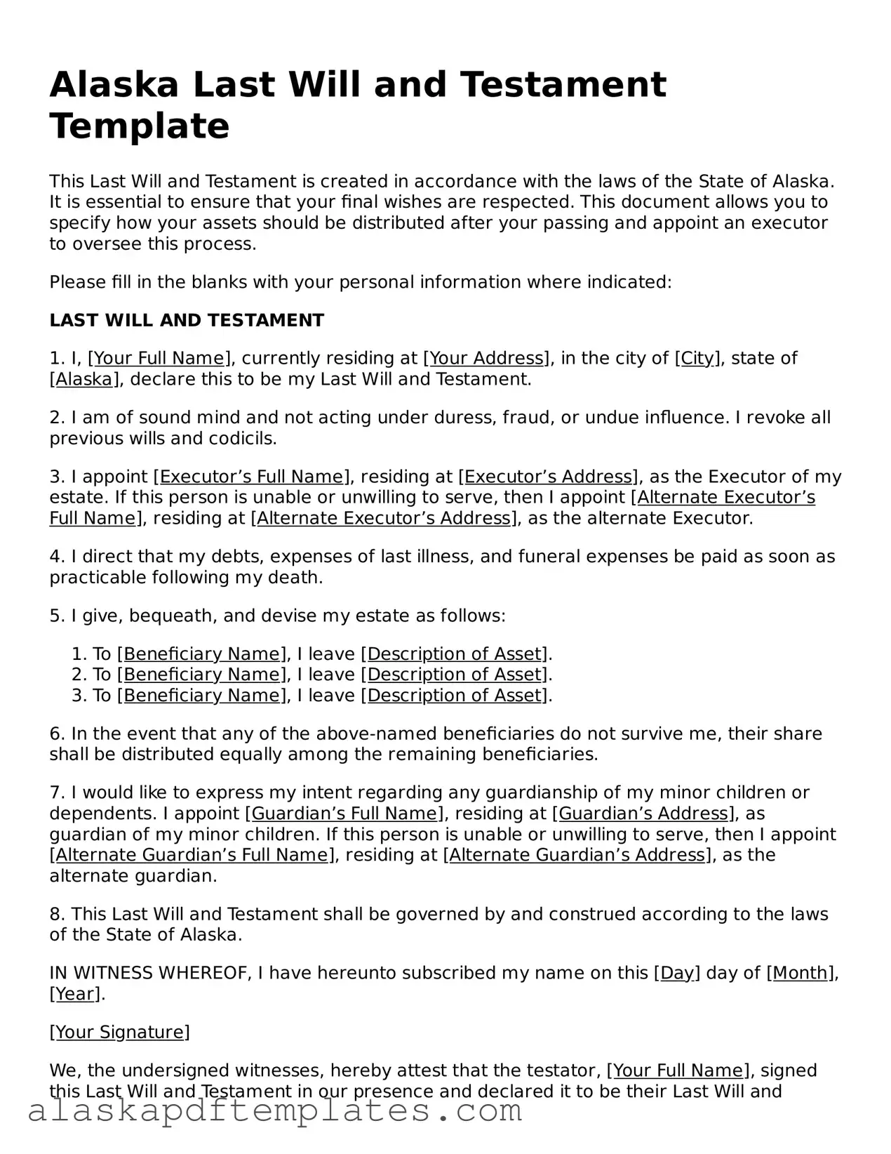 Printable Last Will and Testament Template for Alaska State