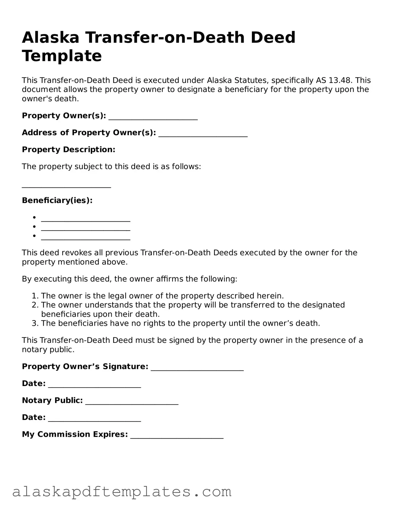Printable Transfer-on-Death Deed Template for Alaska State