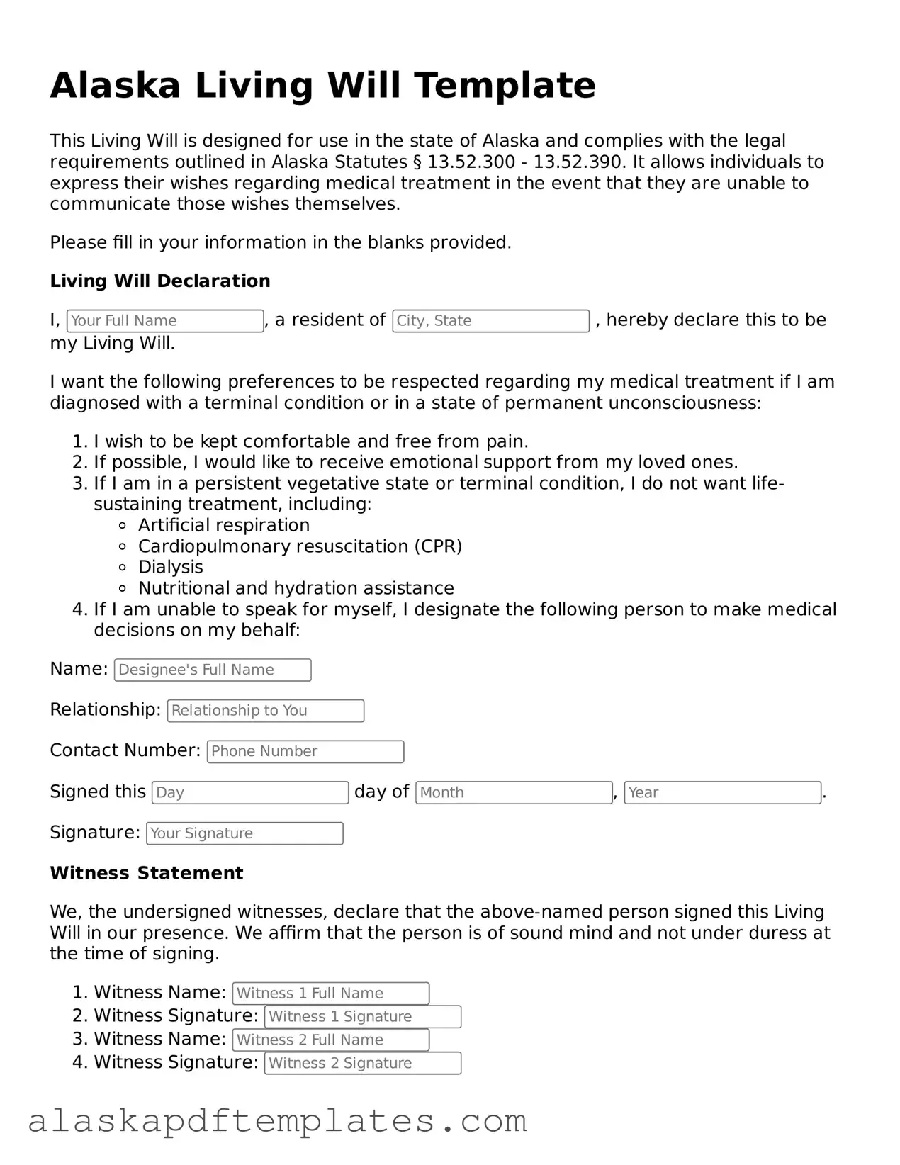 Printable Living Will Template for Alaska State