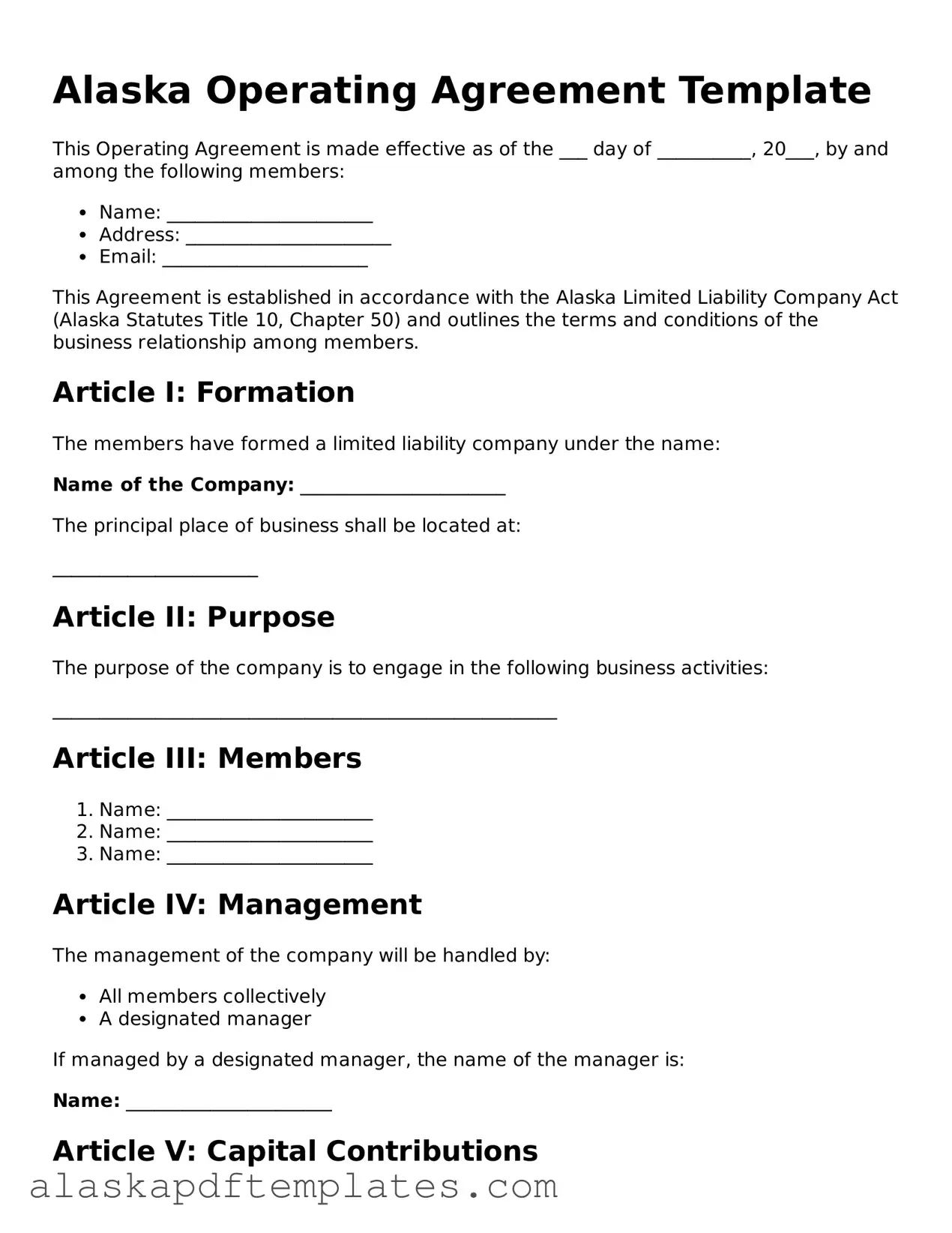 Printable Operating Agreement Template for Alaska State