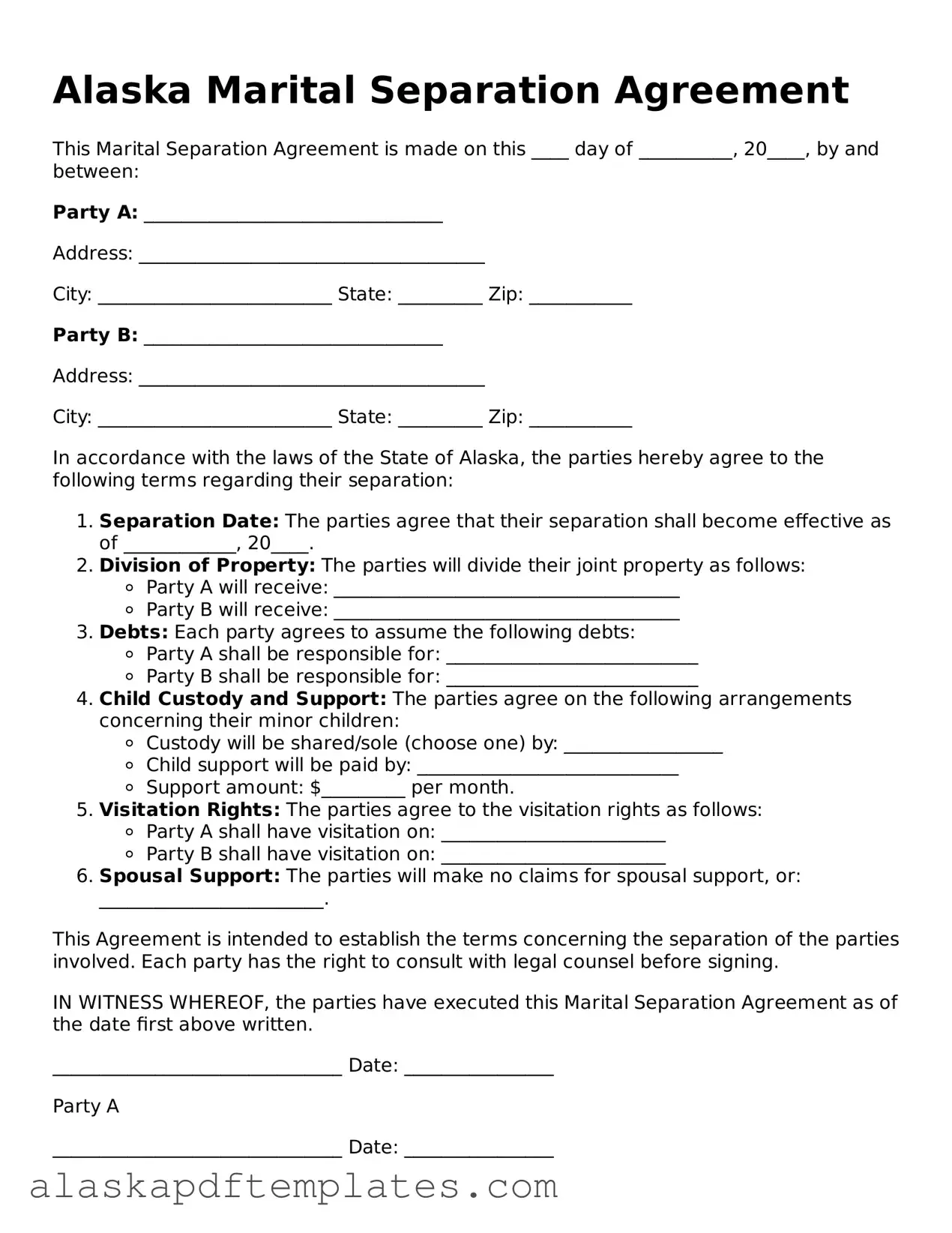 Printable Marital Separation Agreement Template for Alaska State