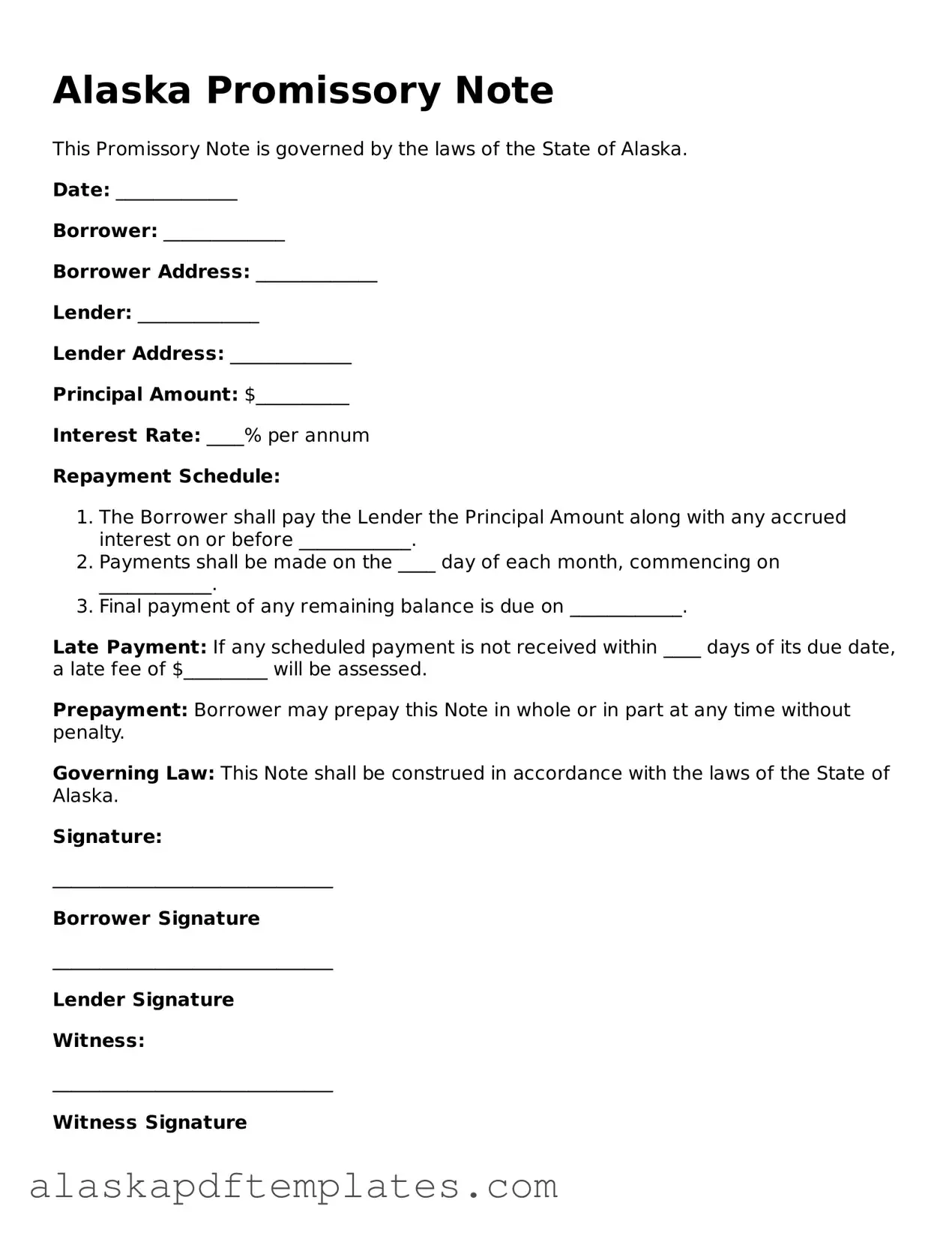 Printable Promissory Note Template for Alaska State