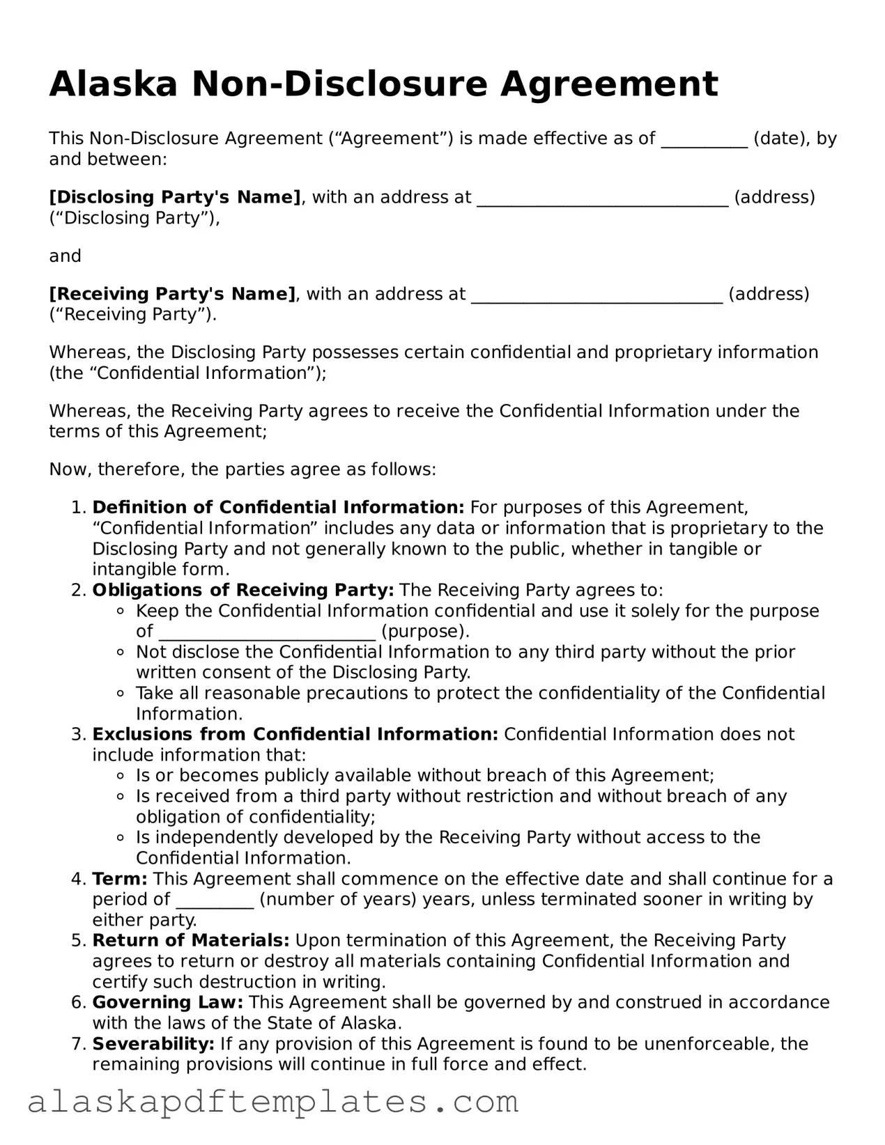 Printable Non-disclosure Agreement Template for Alaska State