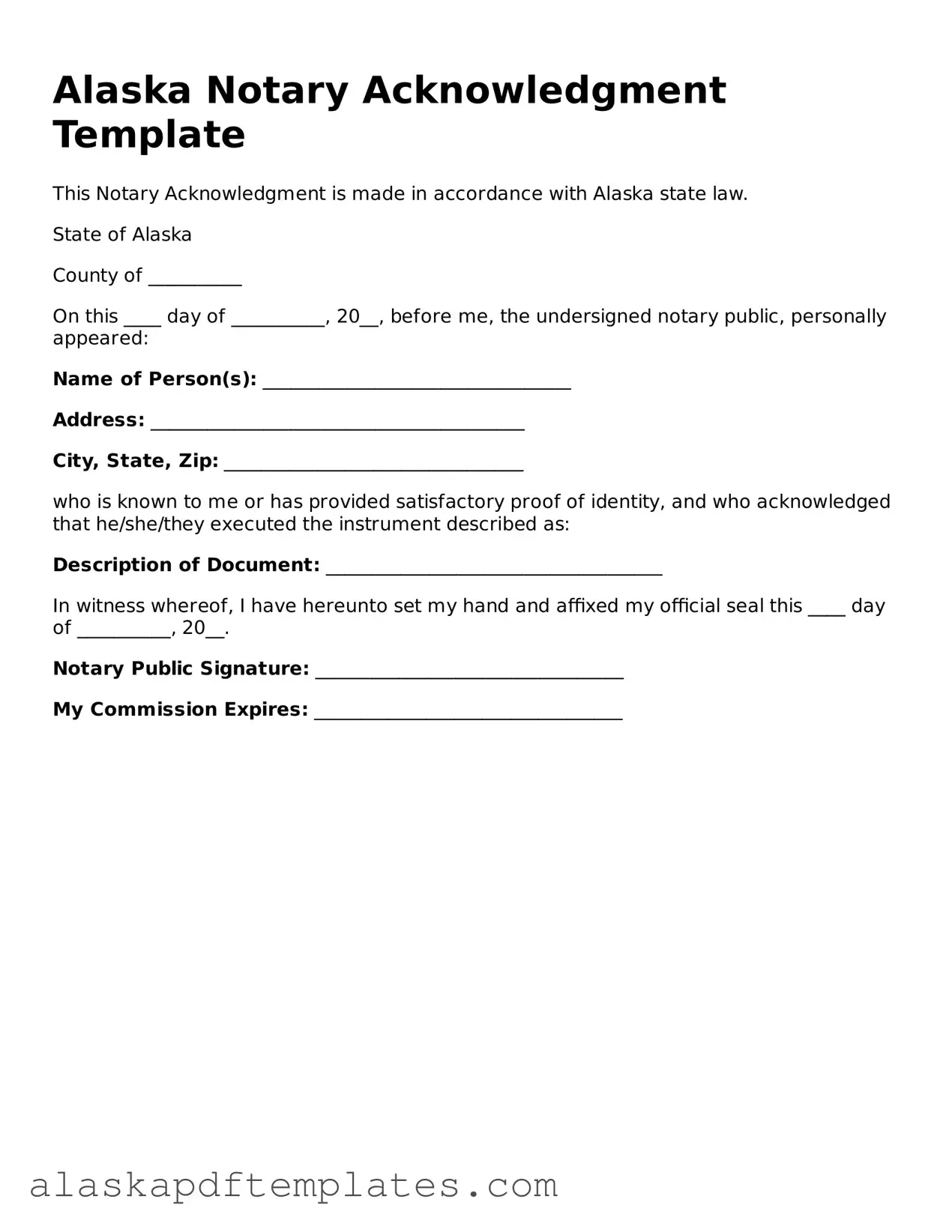 Printable Notary Acknowledgement Template for Alaska State