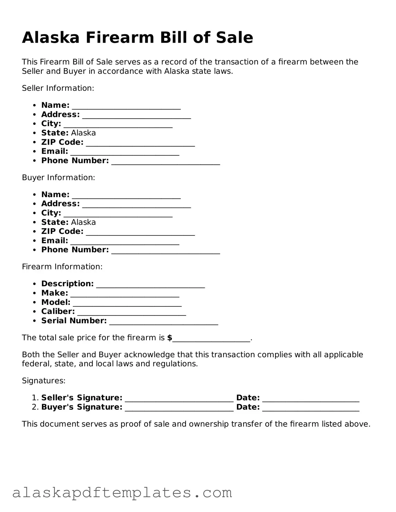 Printable Firearm Bill of Sale Template for Alaska State