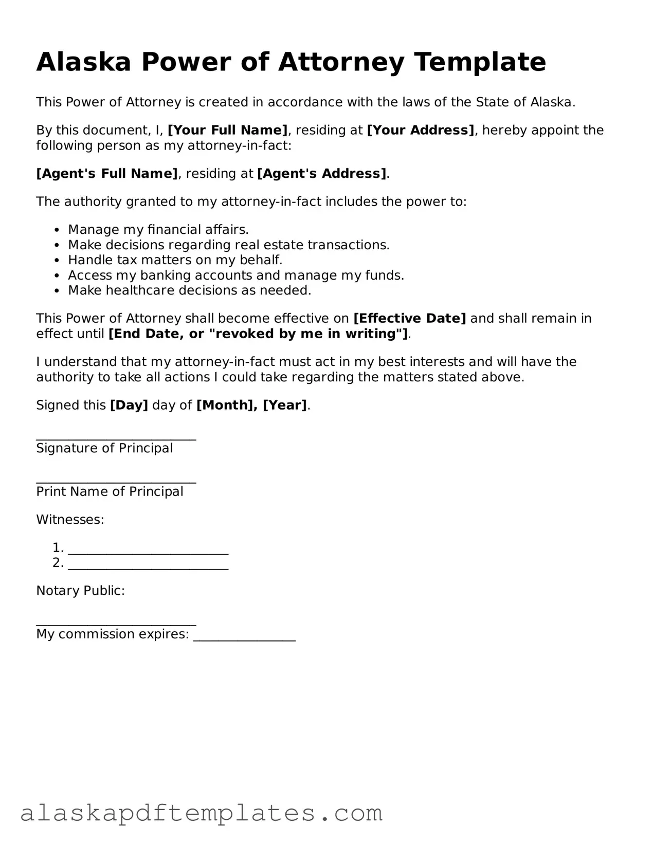 Printable Power of Attorney Template for Alaska State