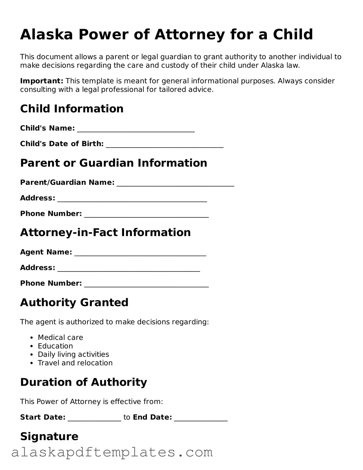 Printable Power of Attorney for a Child Template for Alaska State