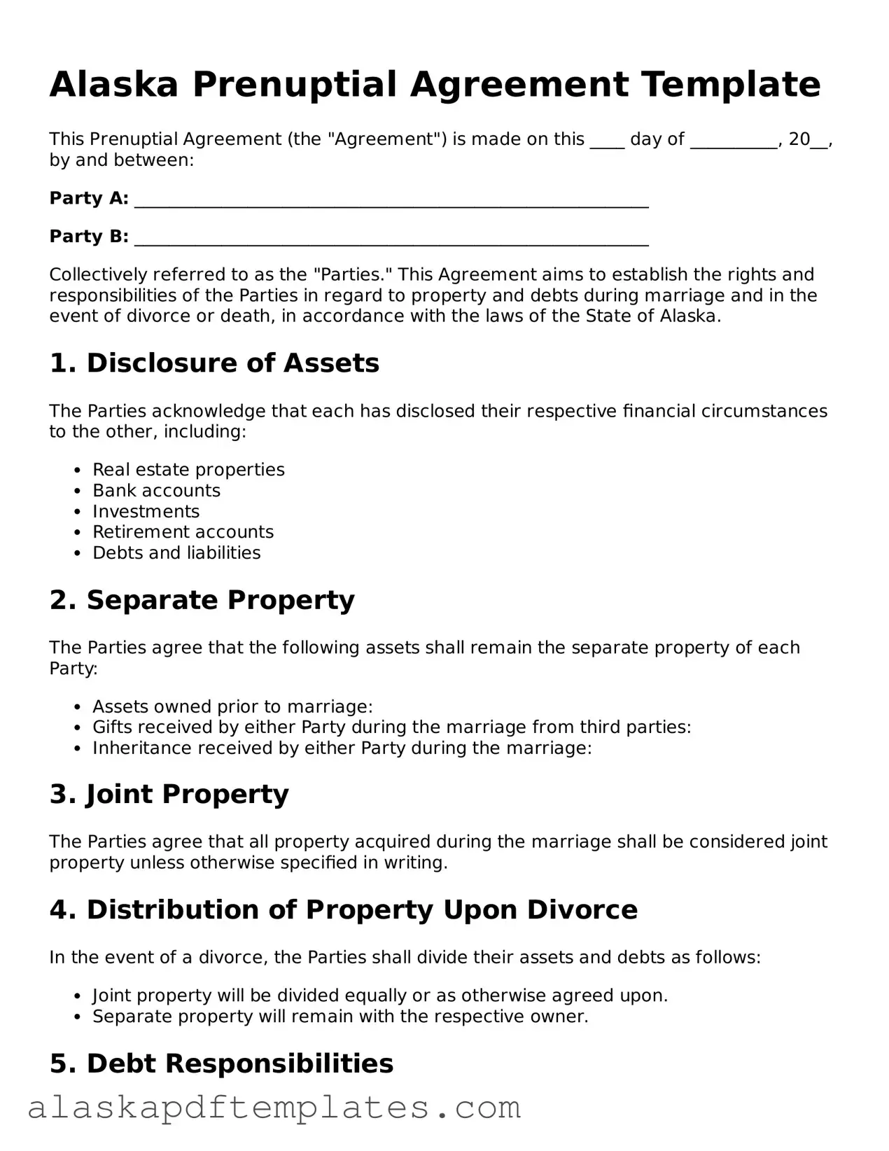 Printable Prenuptial Agreement Template for Alaska State