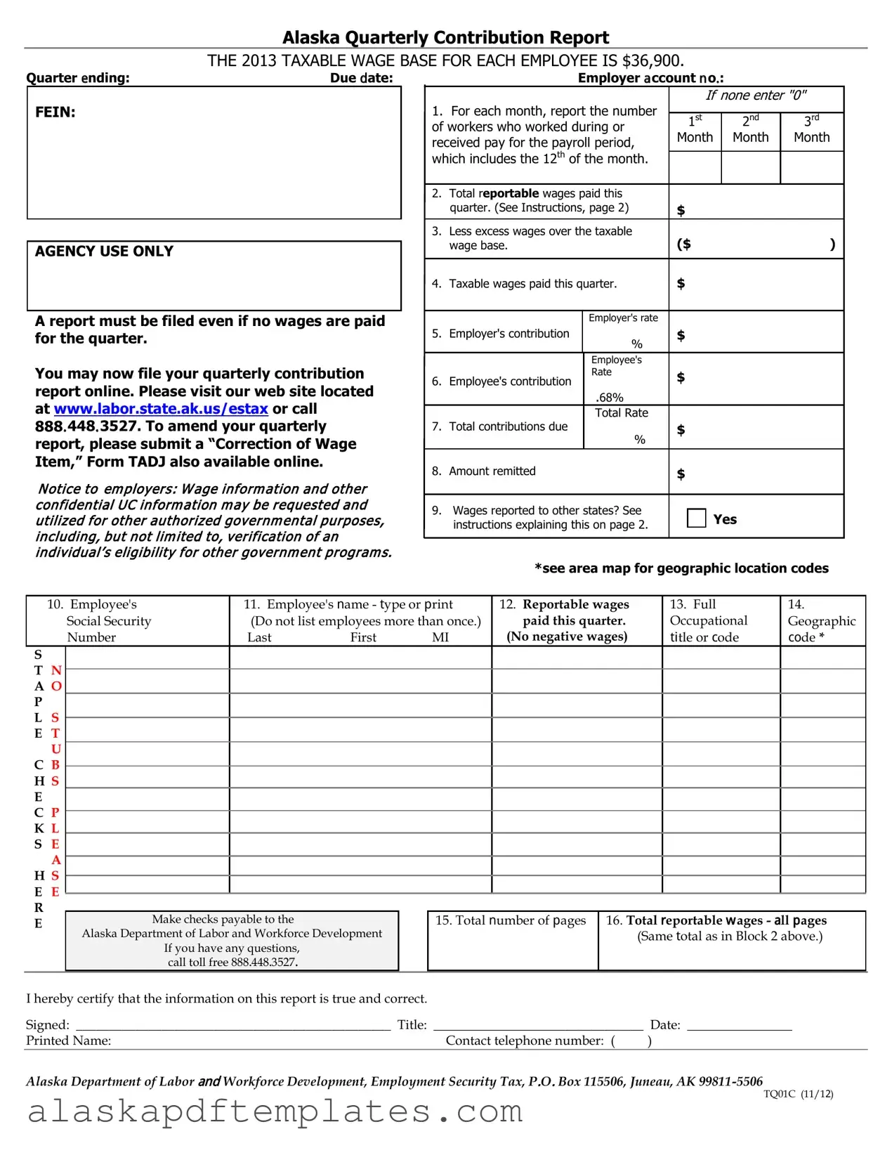 Free Alaska Quarterly Contribution Report PDF Template