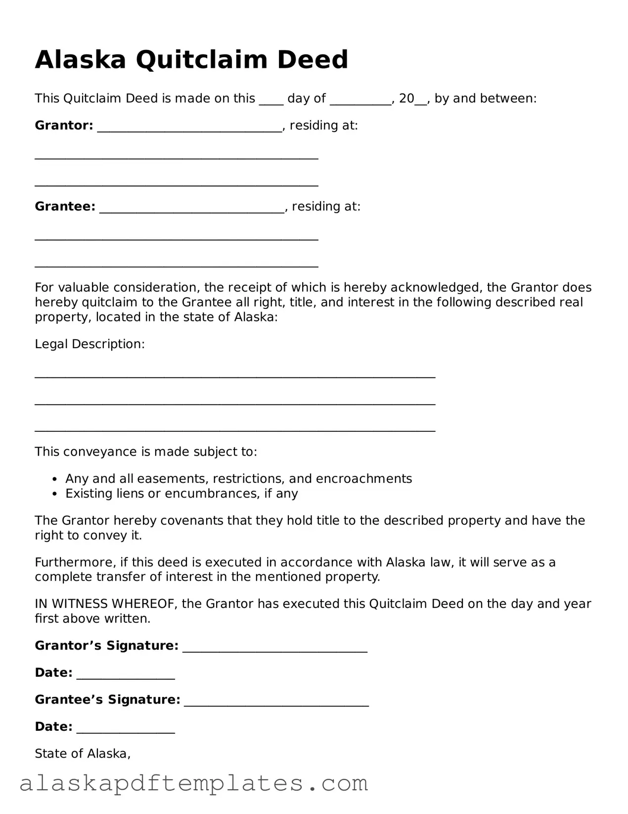 Printable Quitclaim Deed Template for Alaska State