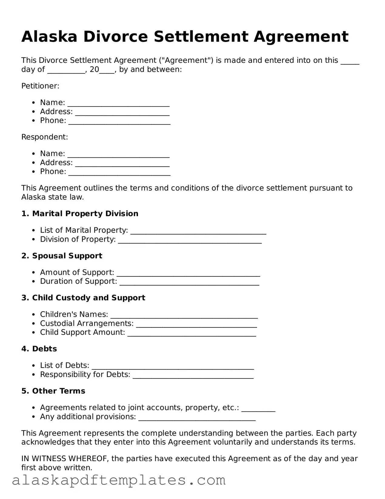 Printable Divorce Settlement Agreement Template for Alaska State