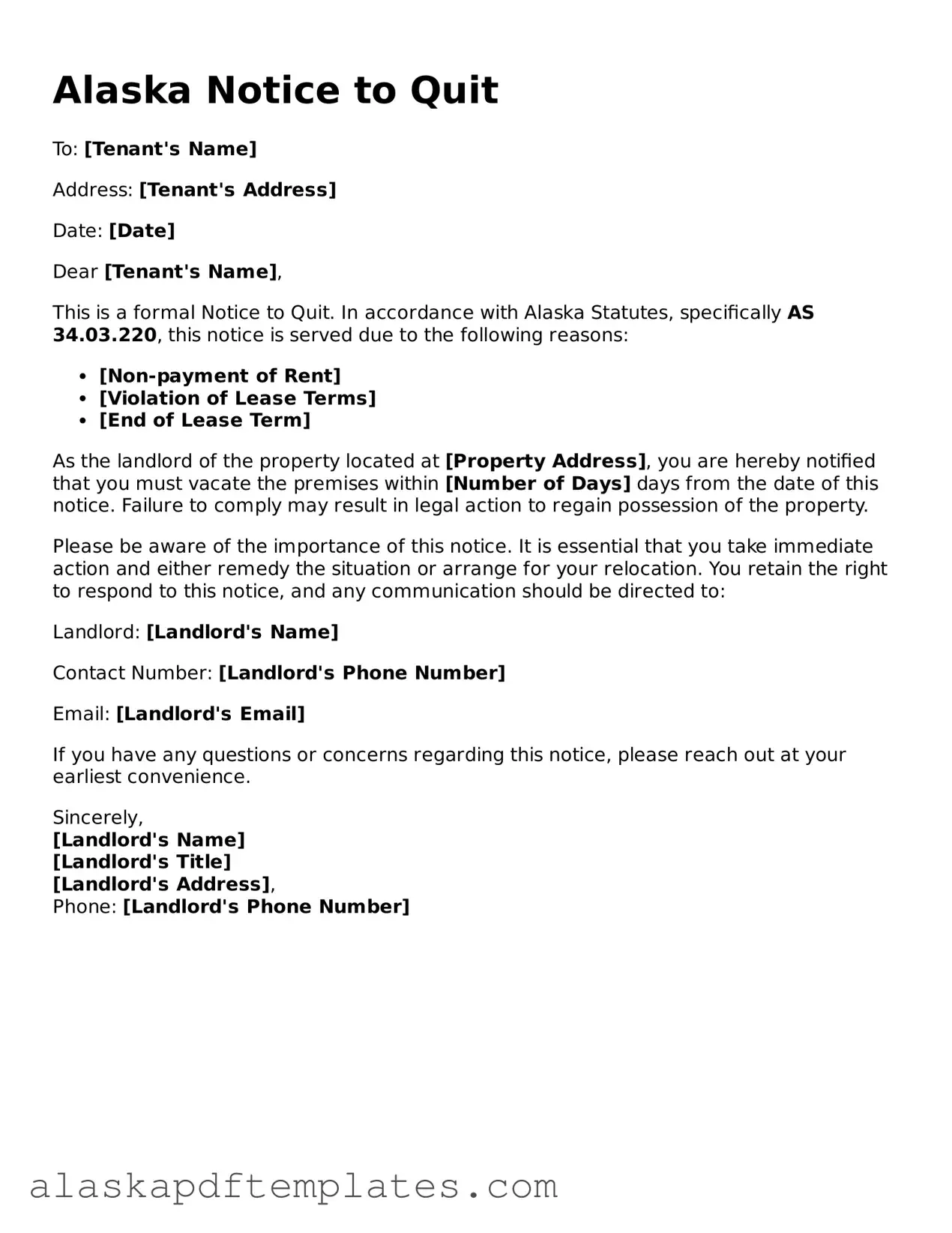 Printable Notice to Quit Template for Alaska State