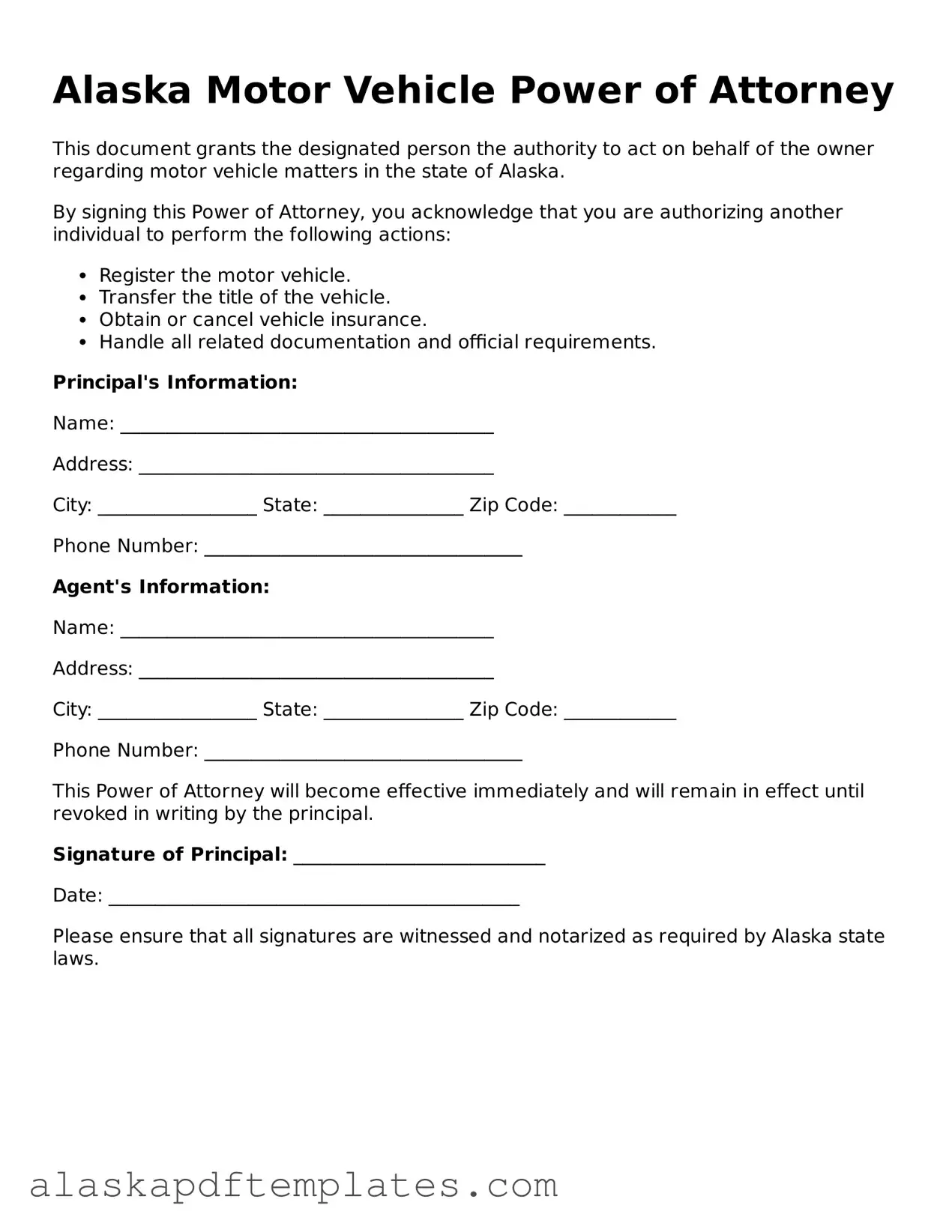 Printable Motor Vehicle Power of Attorney Template for Alaska State