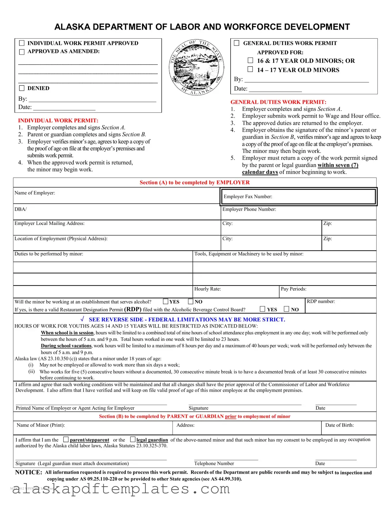 Free Alaska Work Permit PDF Template