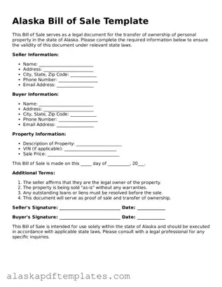 Printable Bill of Sale Template for Alaska State