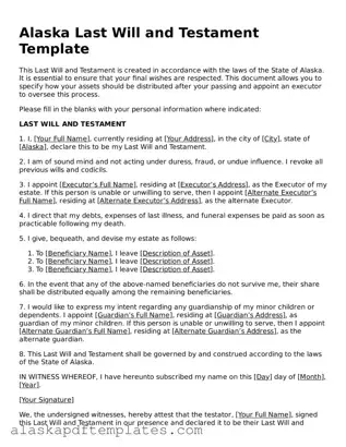 Printable Last Will and Testament Template for Alaska State