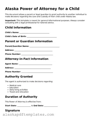 Printable Power of Attorney for a Child Template for Alaska State